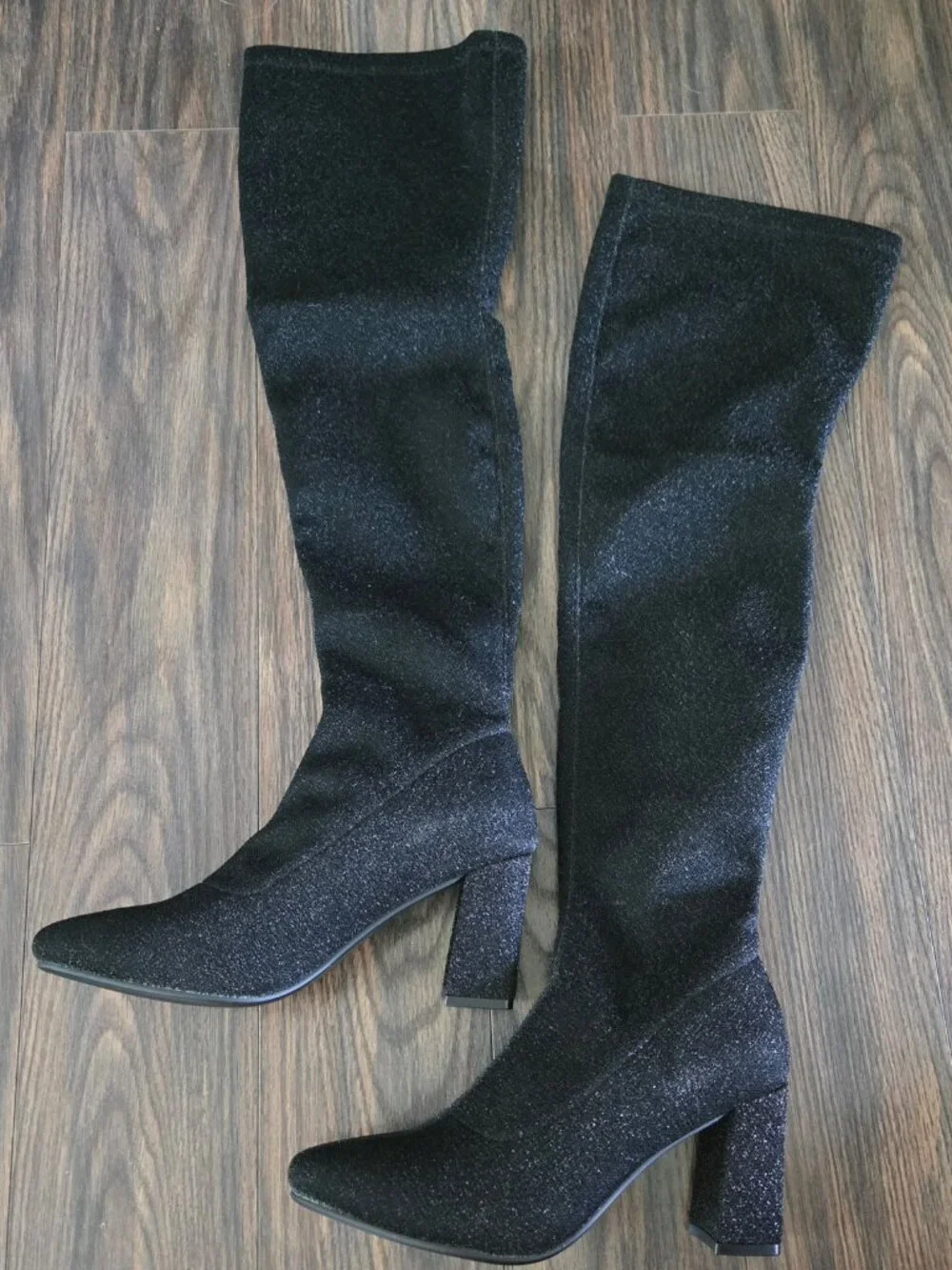 Sexy Black & Sparkly Metallic Thigh-High Block Heeled Boots NWOT/SIZE 8
